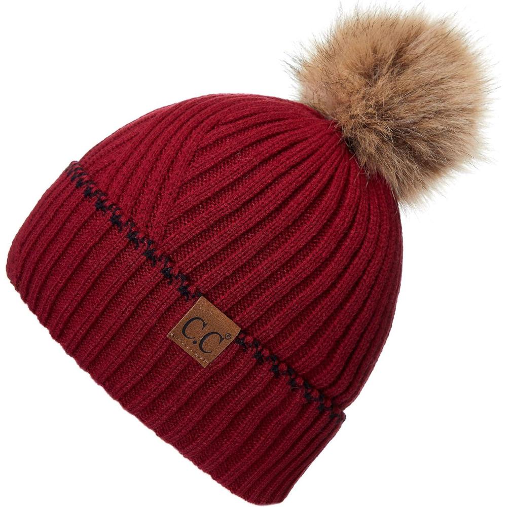 imageCC Exclusives Geometric Cable Beanie Hat with Faux Fur Pom HAT2298HAT7011HAT2213YJ920Accent Cuffburgundy