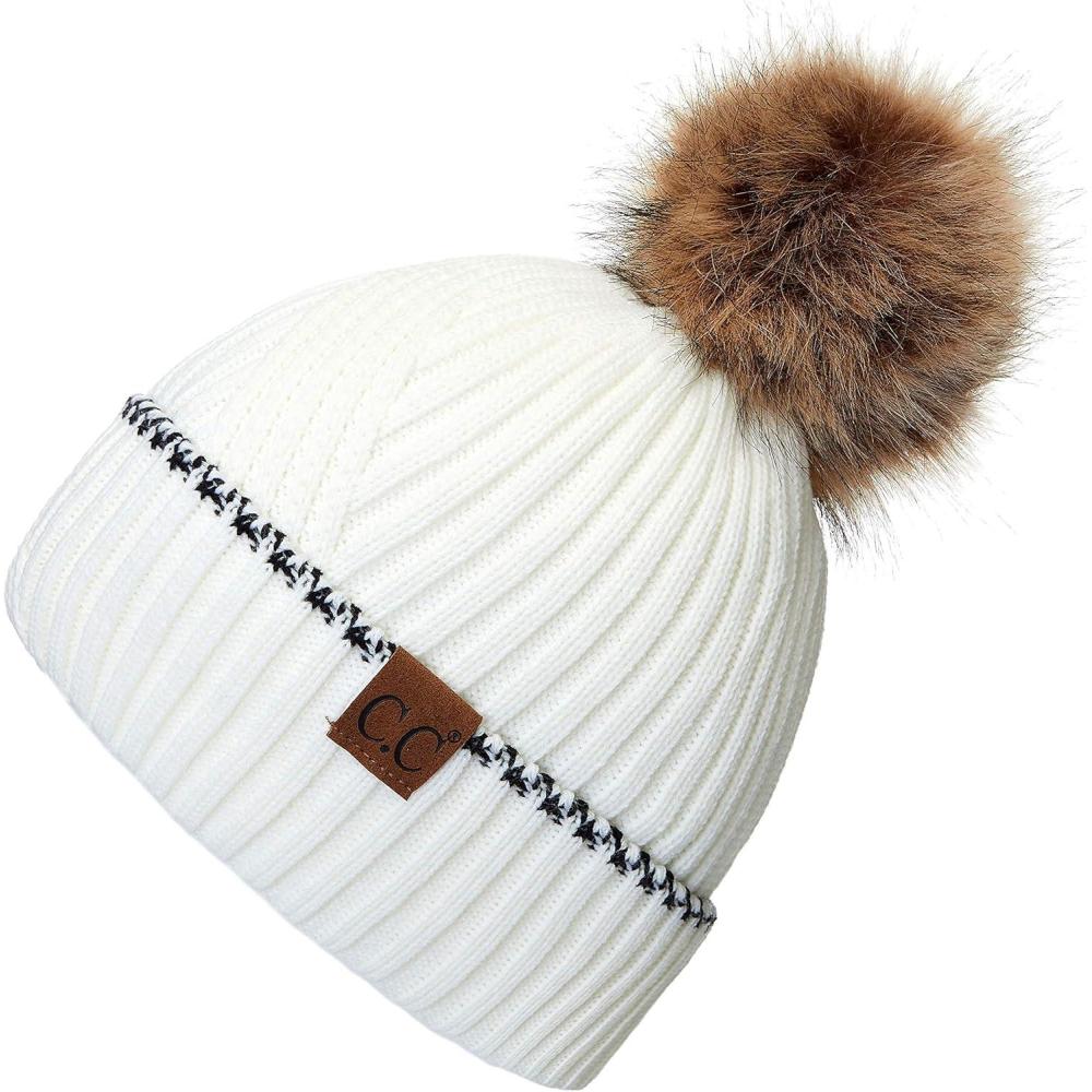 imageCC Exclusives Geometric Cable Beanie Hat with Faux Fur Pom HAT2298HAT7011HAT2213YJ920Accent Cuffivory