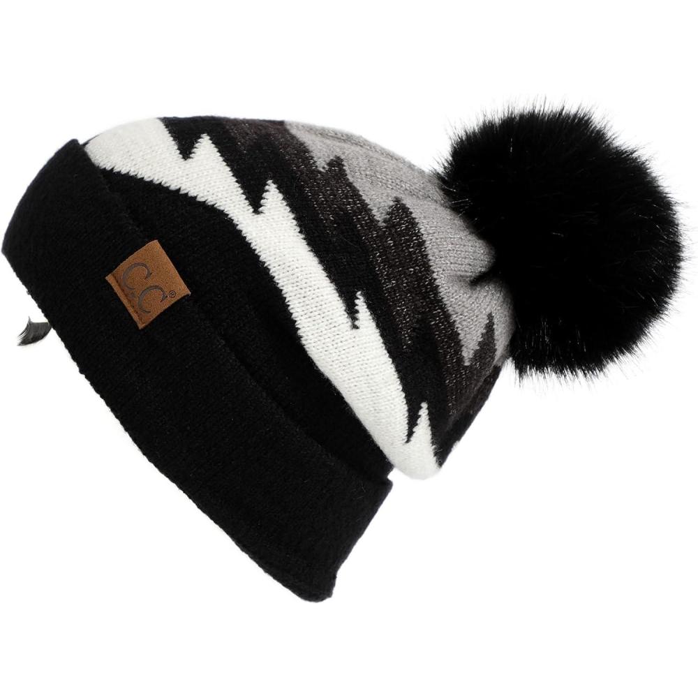 imageCC Exclusives Plush Yarn Pom Beanie hat with Daisy Pattern HAT2093HAT3001HAT4005HAT4009HAT4023Aztec Patternblack