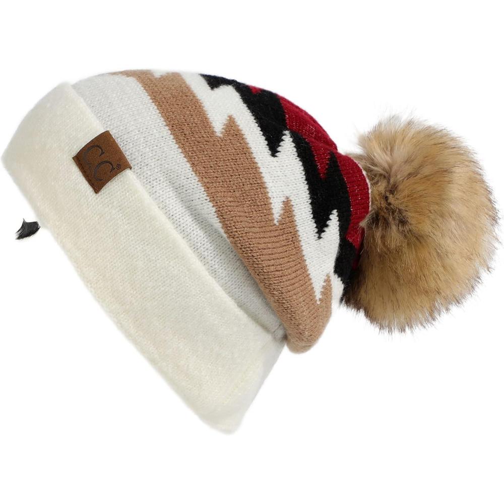 imageCC Exclusives Plush Yarn Pom Beanie hat with Daisy Pattern HAT2093HAT3001HAT4005HAT4009HAT4023Aztec Patternivory
