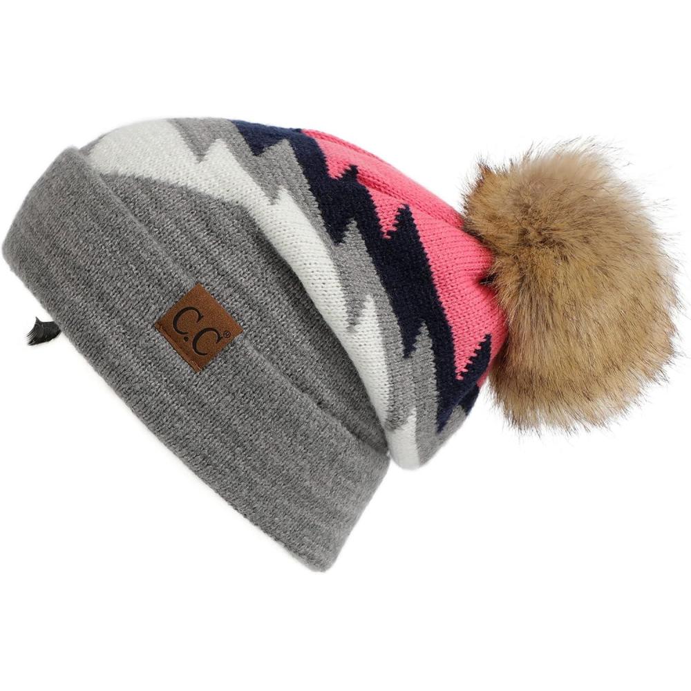 imageCC Exclusives Plush Yarn Pom Beanie hat with Daisy Pattern HAT2093HAT3001HAT4005HAT4009HAT4023Aztec Patternlt Mel Grey