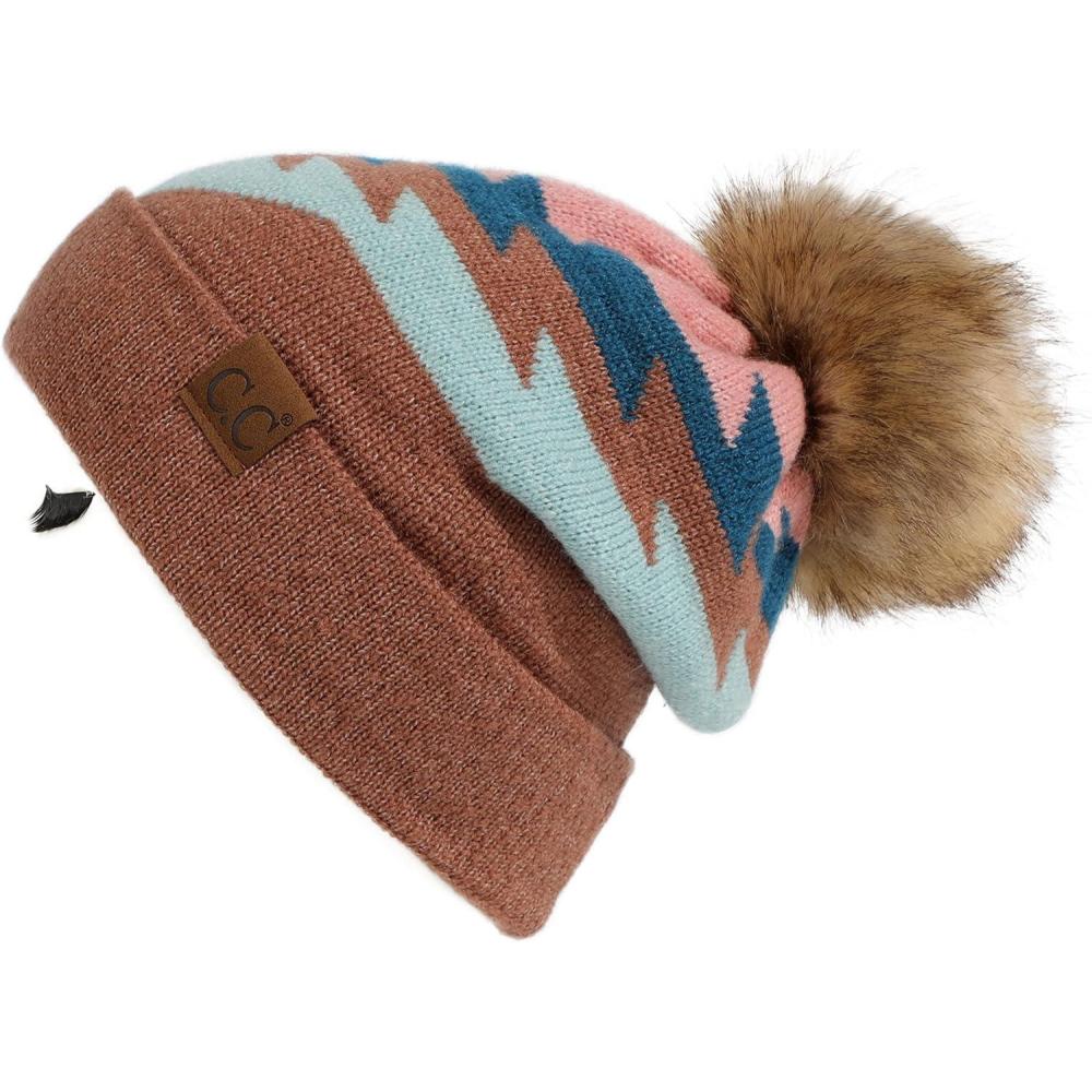 imageCC Exclusives Plush Yarn Pom Beanie hat with Daisy Pattern HAT2093HAT3001HAT4005HAT4009HAT4023Aztec Patterntaupe