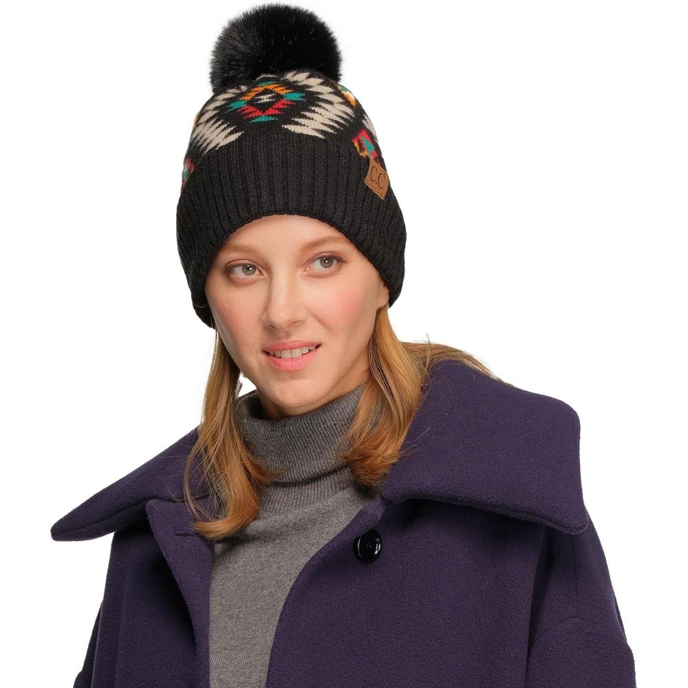 imageCC Exclusives Plush Yarn Pom Beanie hat with Daisy Pattern HAT2093HAT3001HAT4005HAT4009HAT4023Aztecblack
