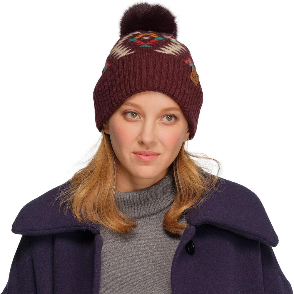imageCC Exclusives Plush Yarn Pom Beanie hat with Daisy Pattern HAT2093HAT3001HAT4005HAT4009HAT4023Aztecdkberry