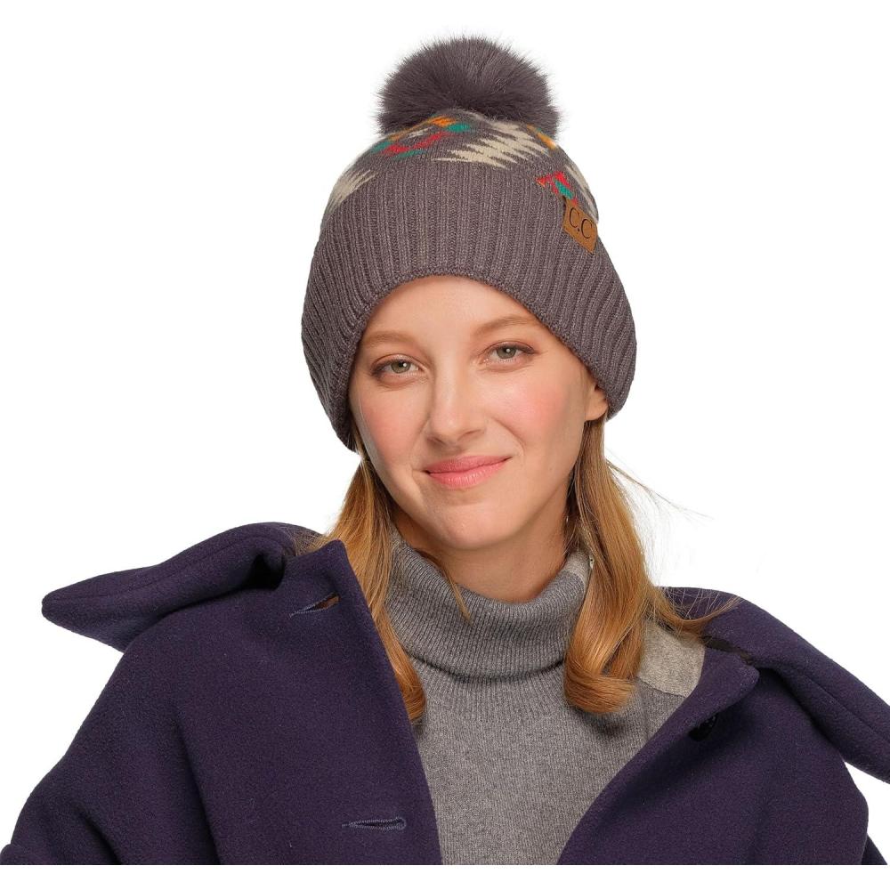 imageCC Exclusives Plush Yarn Pom Beanie hat with Daisy Pattern HAT2093HAT3001HAT4005HAT4009HAT4023Aztecdkgrey