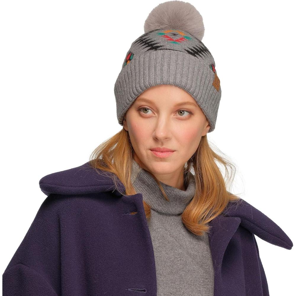 imageCC Exclusives Plush Yarn Pom Beanie hat with Daisy Pattern HAT2093HAT3001HAT4005HAT4009HAT4023Aztecltgrey