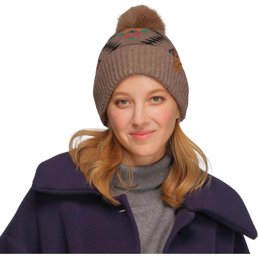 imageCC Exclusives Plush Yarn Pom Beanie hat with Daisy Pattern HAT2093HAT3001HAT4005HAT4009HAT4023Aztectaupe