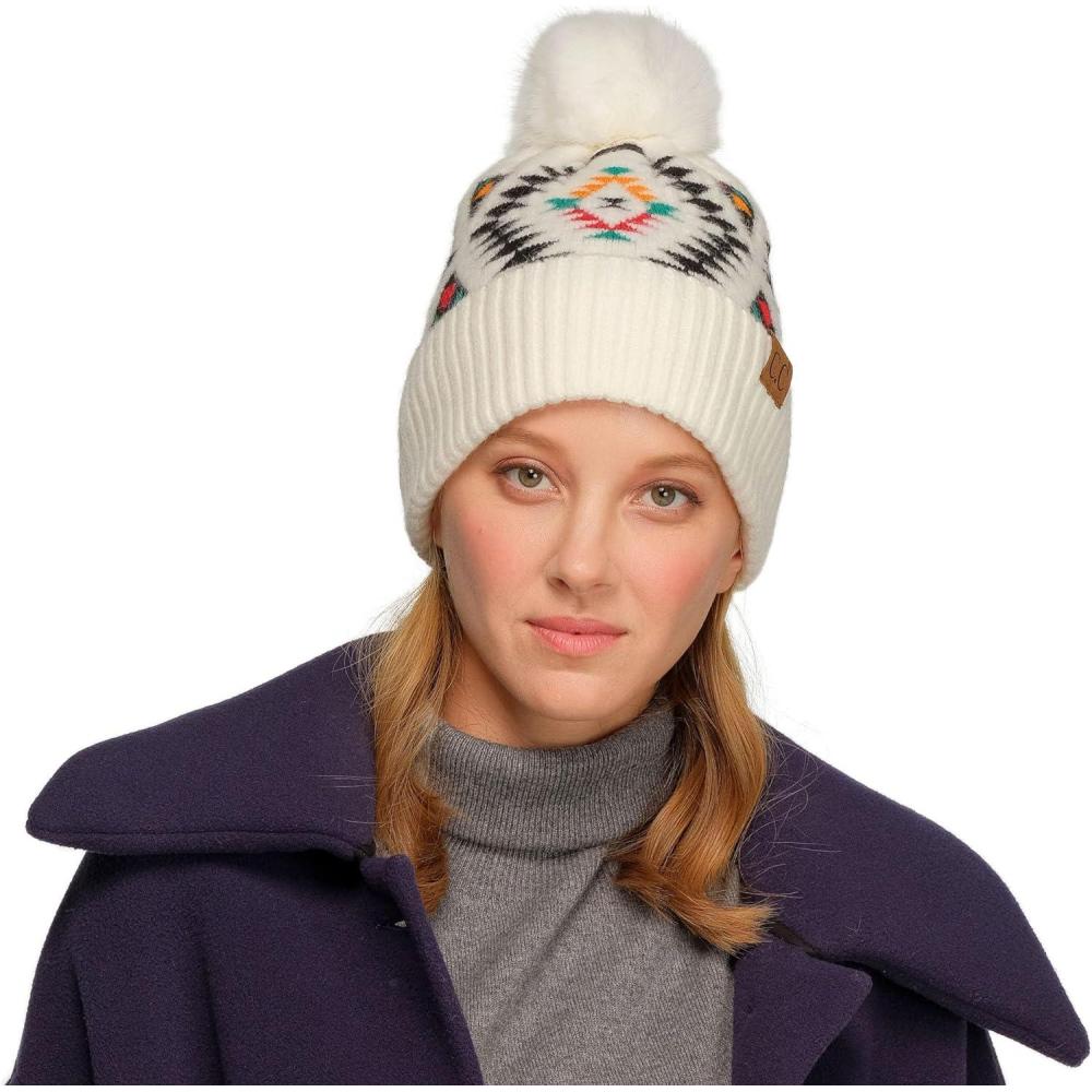 imageCC Exclusives Plush Yarn Pom Beanie hat with Daisy Pattern HAT2093HAT3001HAT4005HAT4009HAT4023Aztecwhite