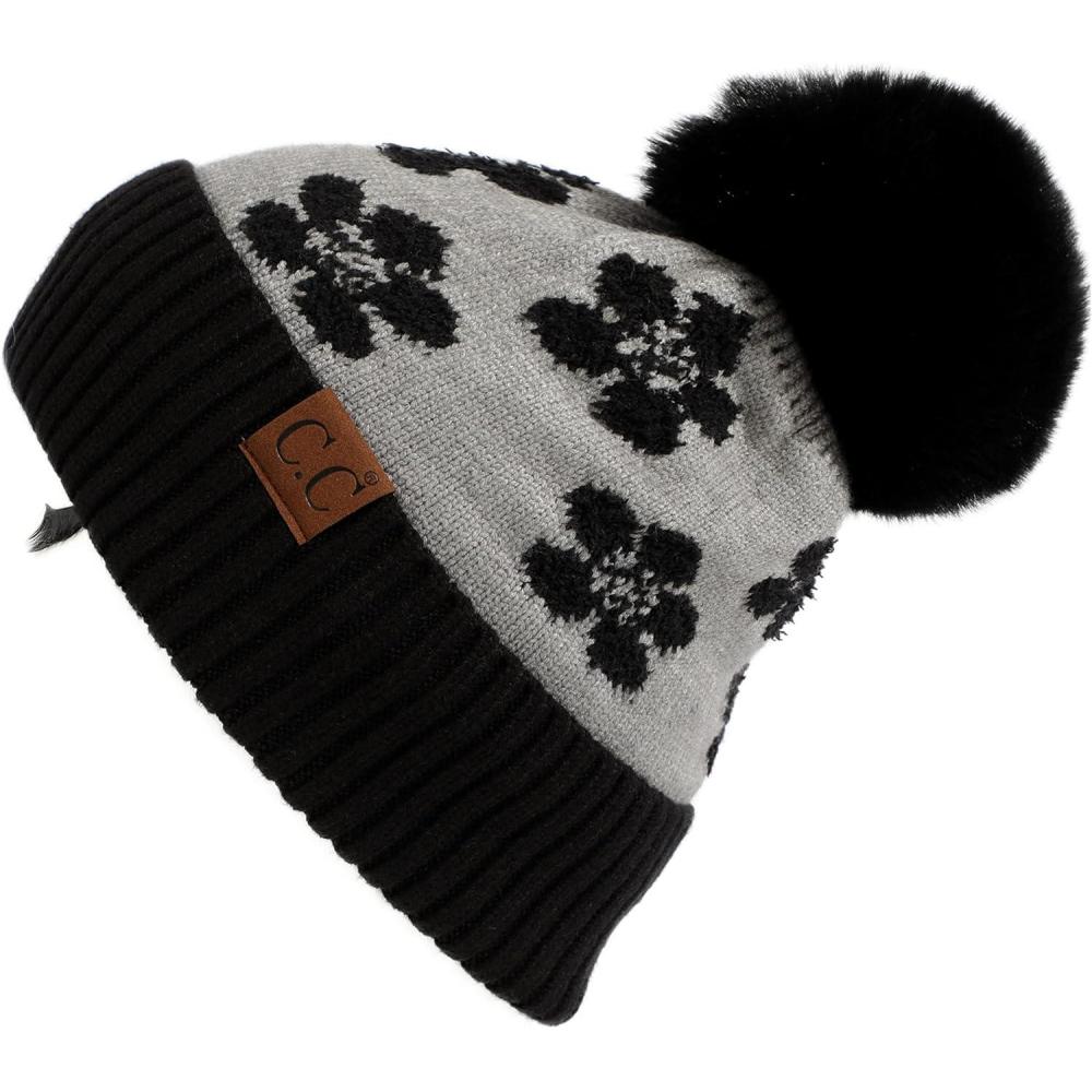 imageCC Exclusives Plush Yarn Pom Beanie hat with Daisy Pattern HAT2093HAT3001HAT4005HAT4009HAT4023Daisyblack