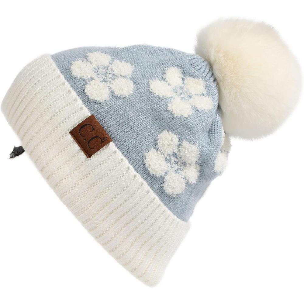 imageCC Exclusives Plush Yarn Pom Beanie hat with Daisy Pattern HAT2093HAT3001HAT4005HAT4009HAT4023Daisyblue