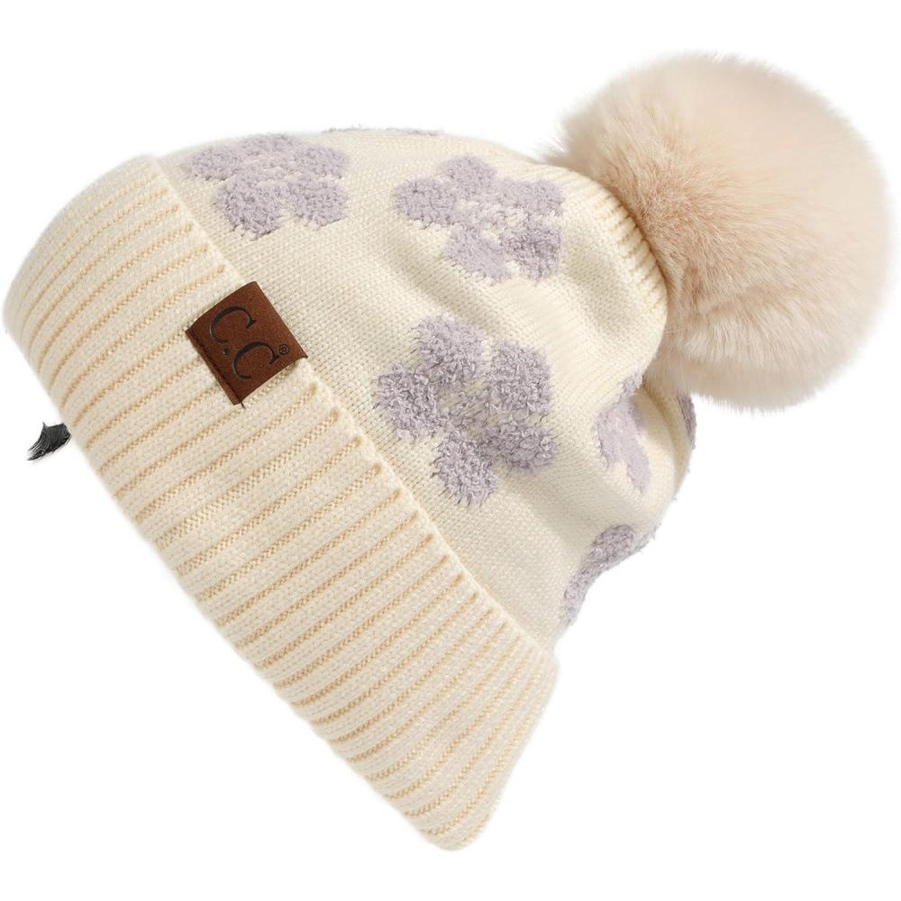 imageCC Exclusives Plush Yarn Pom Beanie hat with Daisy Pattern HAT2093HAT3001HAT4005HAT4009HAT4023Daisylavender
