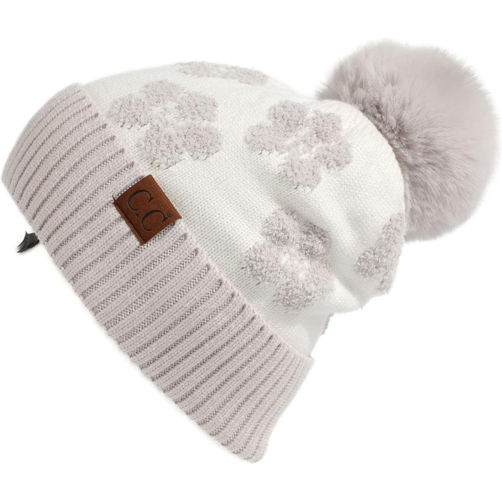 imageCC Exclusives Plush Yarn Pom Beanie hat with Daisy Pattern HAT2093HAT3001HAT4005HAT4009HAT4023Daisyltmelgrey
