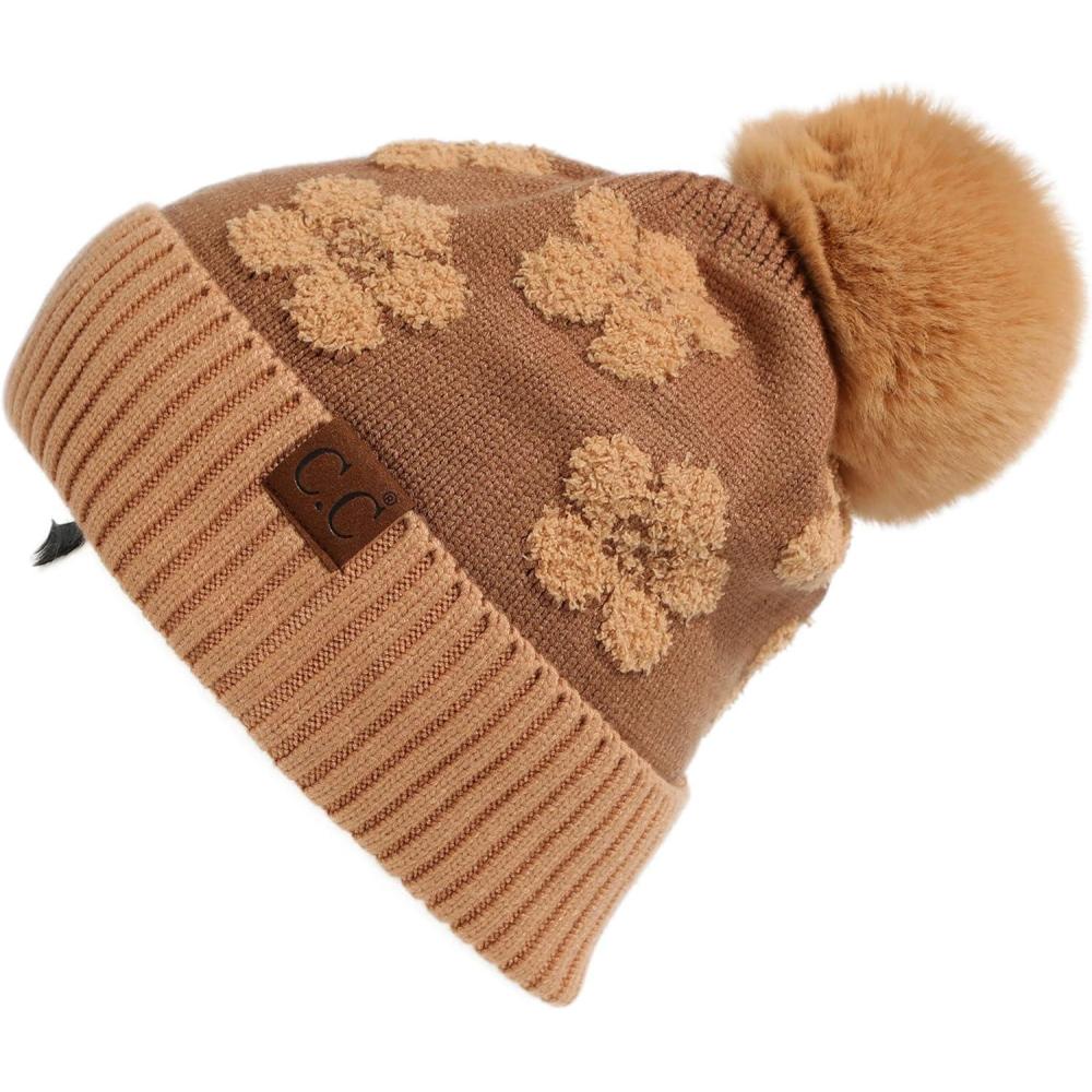 imageCC Exclusives Plush Yarn Pom Beanie hat with Daisy Pattern HAT2093HAT3001HAT4005HAT4009HAT4023Daisysand