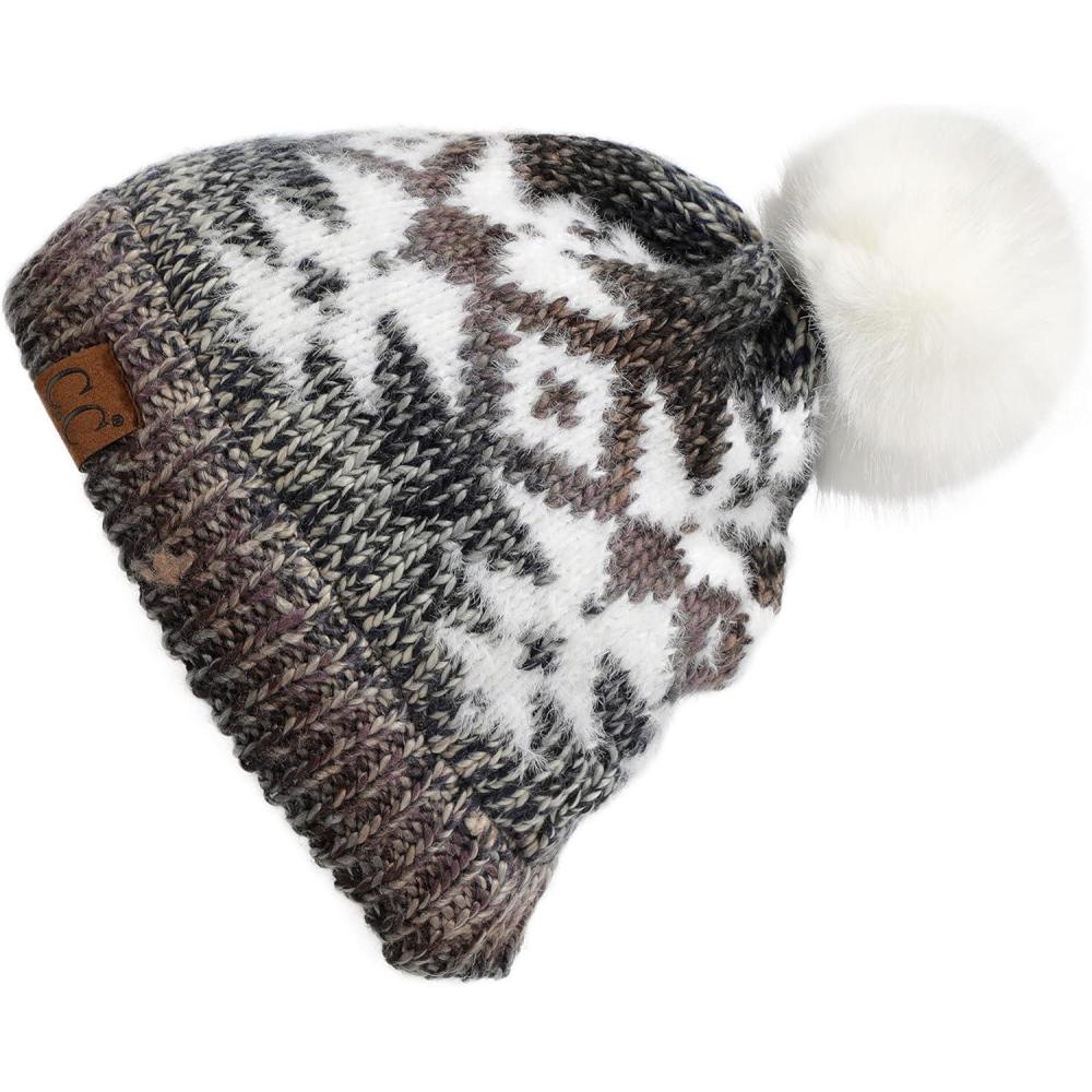 imageCC Exclusives Plush Yarn Pom Beanie hat with Daisy Pattern HAT2093HAT3001HAT4005HAT4009HAT4023Multi Yarn Aztecgrey Mix