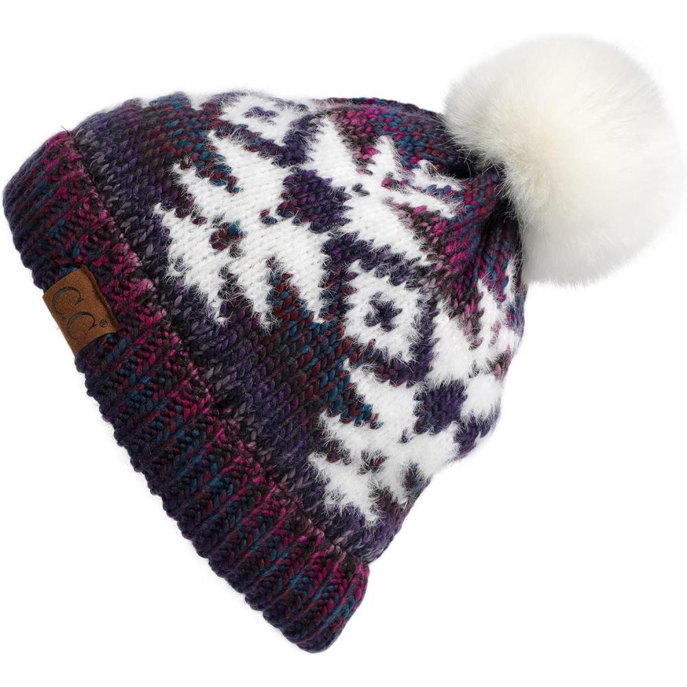 imageCC Exclusives Plush Yarn Pom Beanie hat with Daisy Pattern HAT2093HAT3001HAT4005HAT4009HAT4023Multi Yarn Aztecpurple Mix