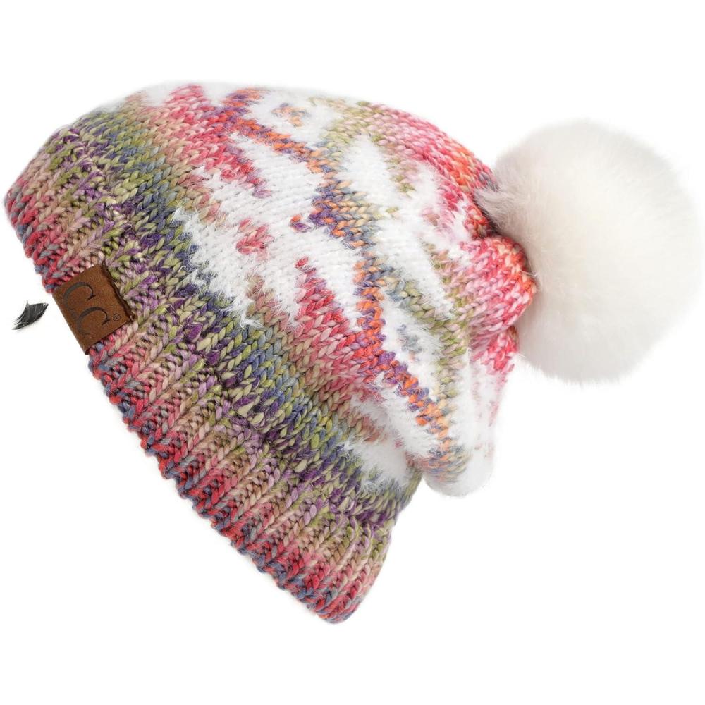 imageCC Exclusives Plush Yarn Pom Beanie hat with Daisy Pattern HAT2093HAT3001HAT4005HAT4009HAT4023Multi Yarn Aztecrose Mix