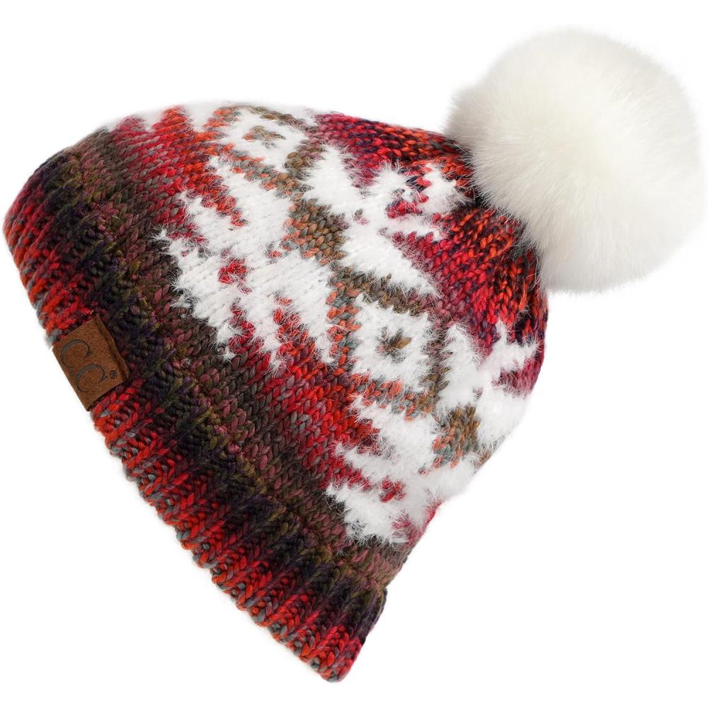 imageCC Exclusives Plush Yarn Pom Beanie hat with Daisy Pattern HAT2093HAT3001HAT4005HAT4009HAT4023Multi Yarn Aztecrust Mix