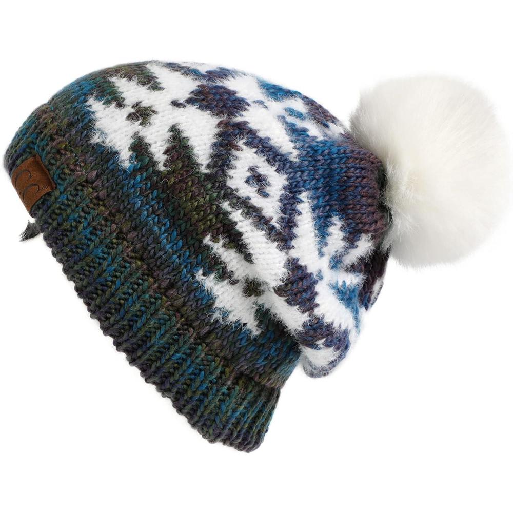 imageCC Exclusives Plush Yarn Pom Beanie hat with Daisy Pattern HAT2093HAT3001HAT4005HAT4009HAT4023Multi Yarn Aztecteal Mix