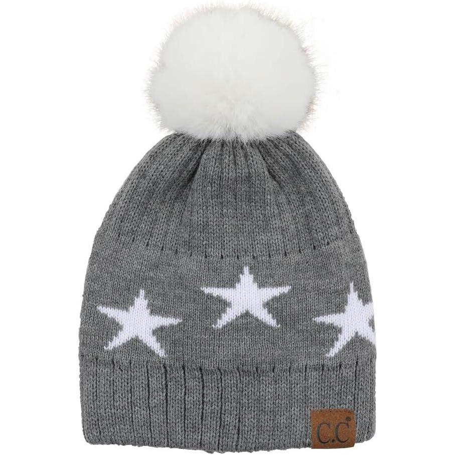 imageCC Exclusives Plush Yarn Pom Beanie hat with Daisy Pattern HAT2093HAT3001HAT4005HAT4009HAT4023Starlt Mel Grey