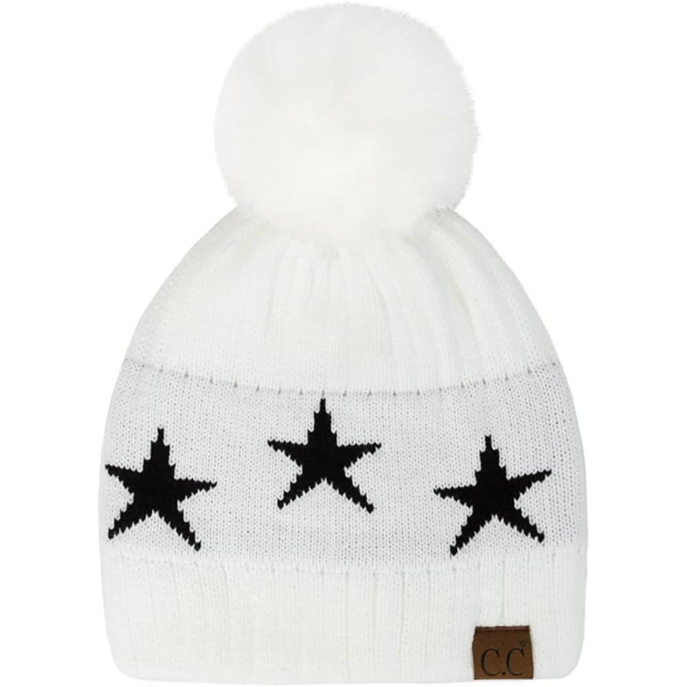 imageCC Exclusives Plush Yarn Pom Beanie hat with Daisy Pattern HAT2093HAT3001HAT4005HAT4009HAT4023Starwhite