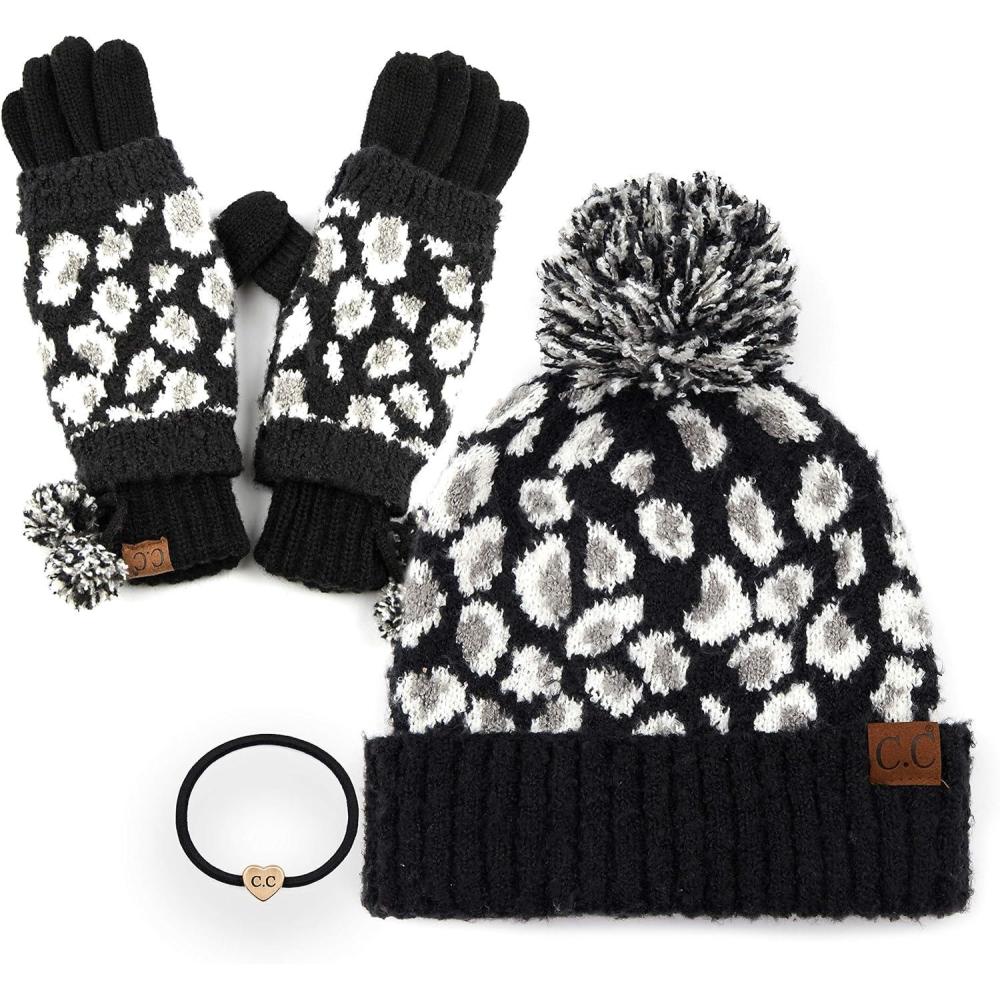 imageCC Exclusives Soft Beanie hat with Leopard Pattern and Fur PomHAT7001SF7001A Gift Setblack