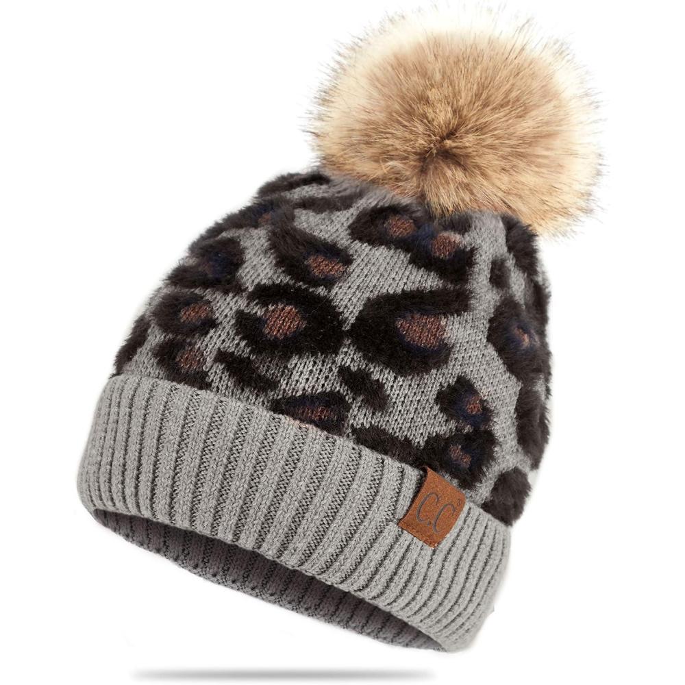 imageCC Exclusives Soft Beanie hat with Leopard Pattern and Fur PomHAT7001SF7001Lt Mel Greyleo