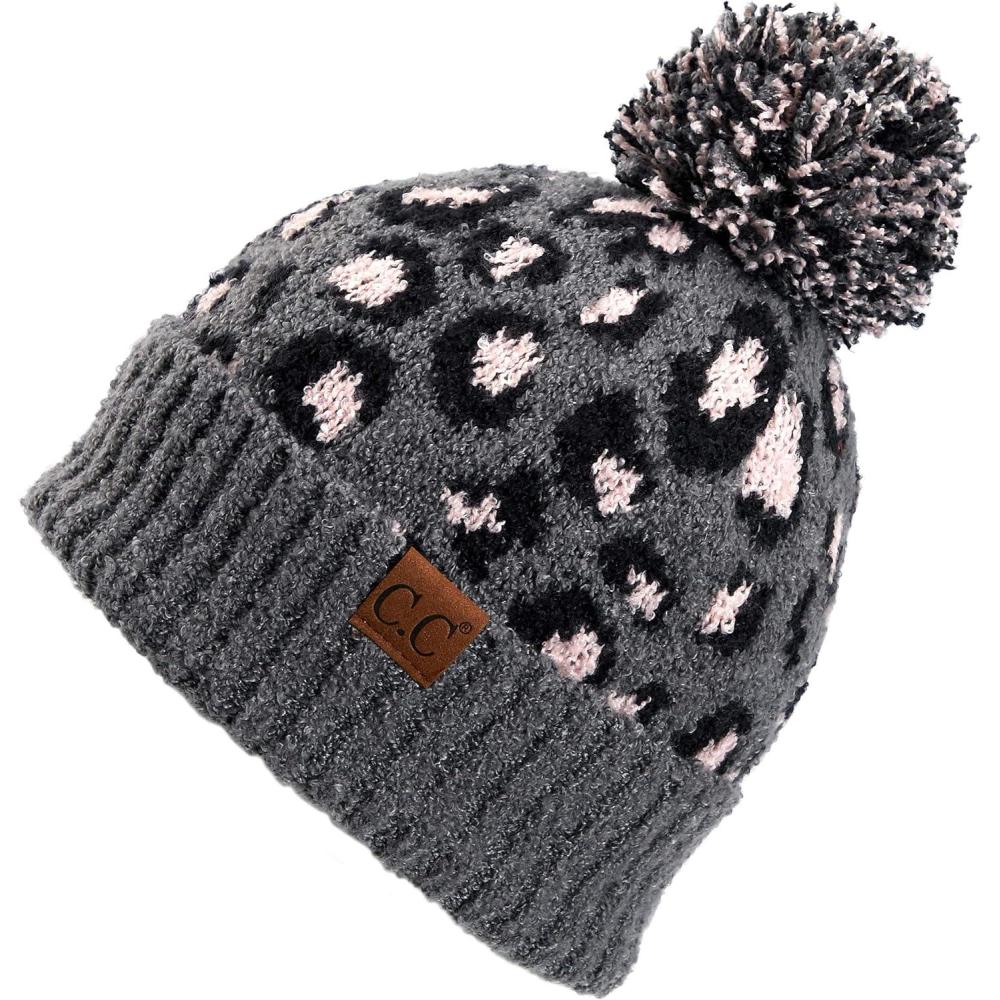imageCC Exclusives Soft Beanie hat with Leopard Pattern and Fur PomHAT7001SF7001Ltmelgreyleopard Pom