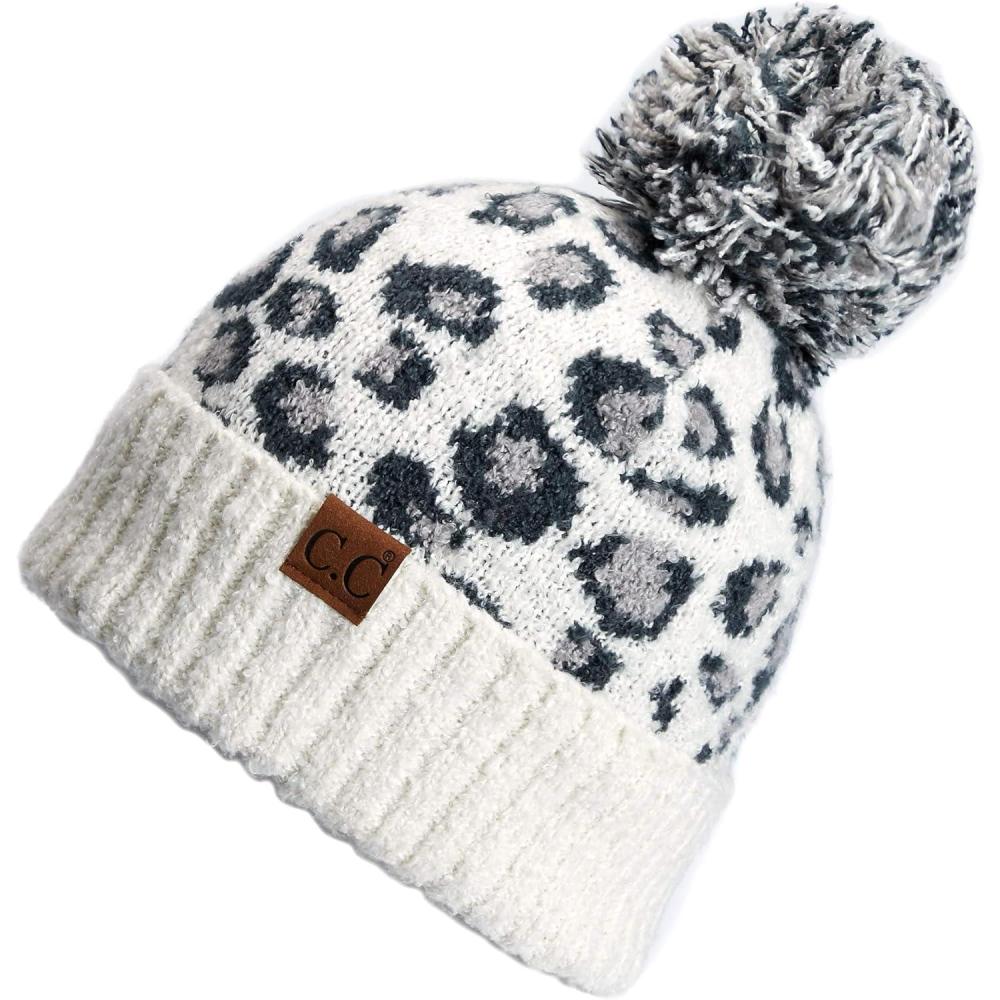 imageCC Exclusives Soft Beanie hat with Leopard Pattern and Fur PomHAT7001SF7001Ultla Soft  Ivory