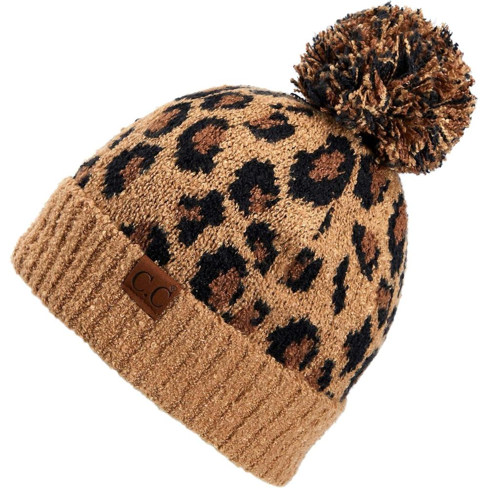 imageCC Exclusives Soft Beanie hat with Leopard Pattern and Fur PomHAT7001SF7001Ultla Soft  Latte