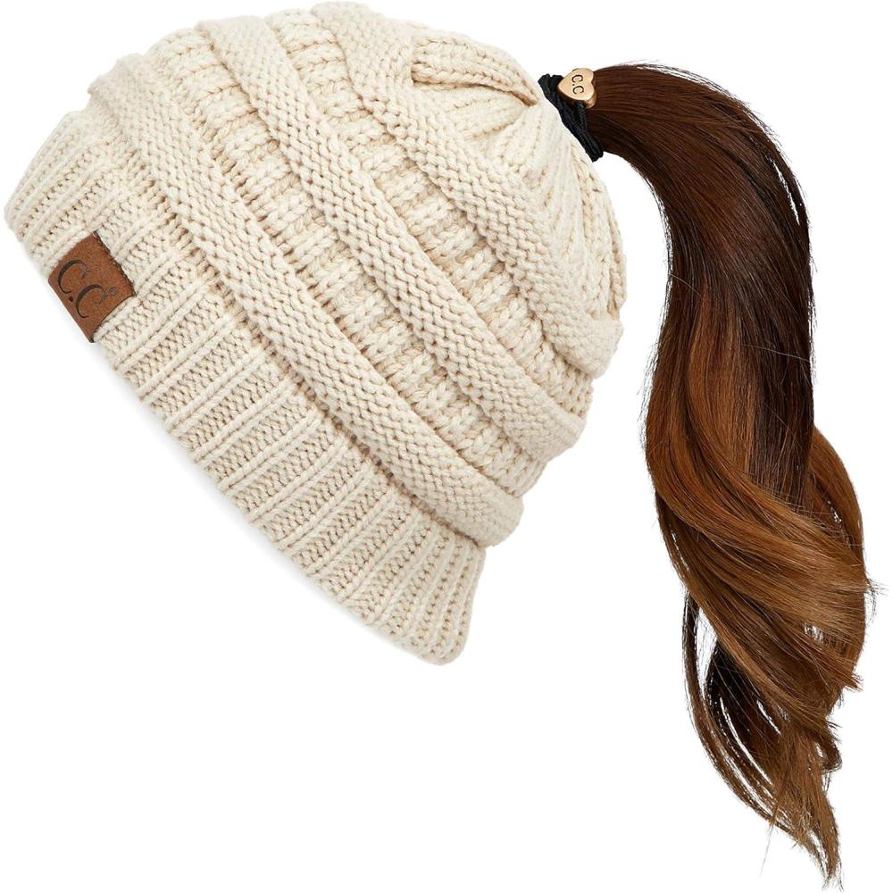 imageCC Exclusives Soft Stretch Cable Knit Messy Bun Ponytail Beanie Winter Hat for Women MB20A Beige1