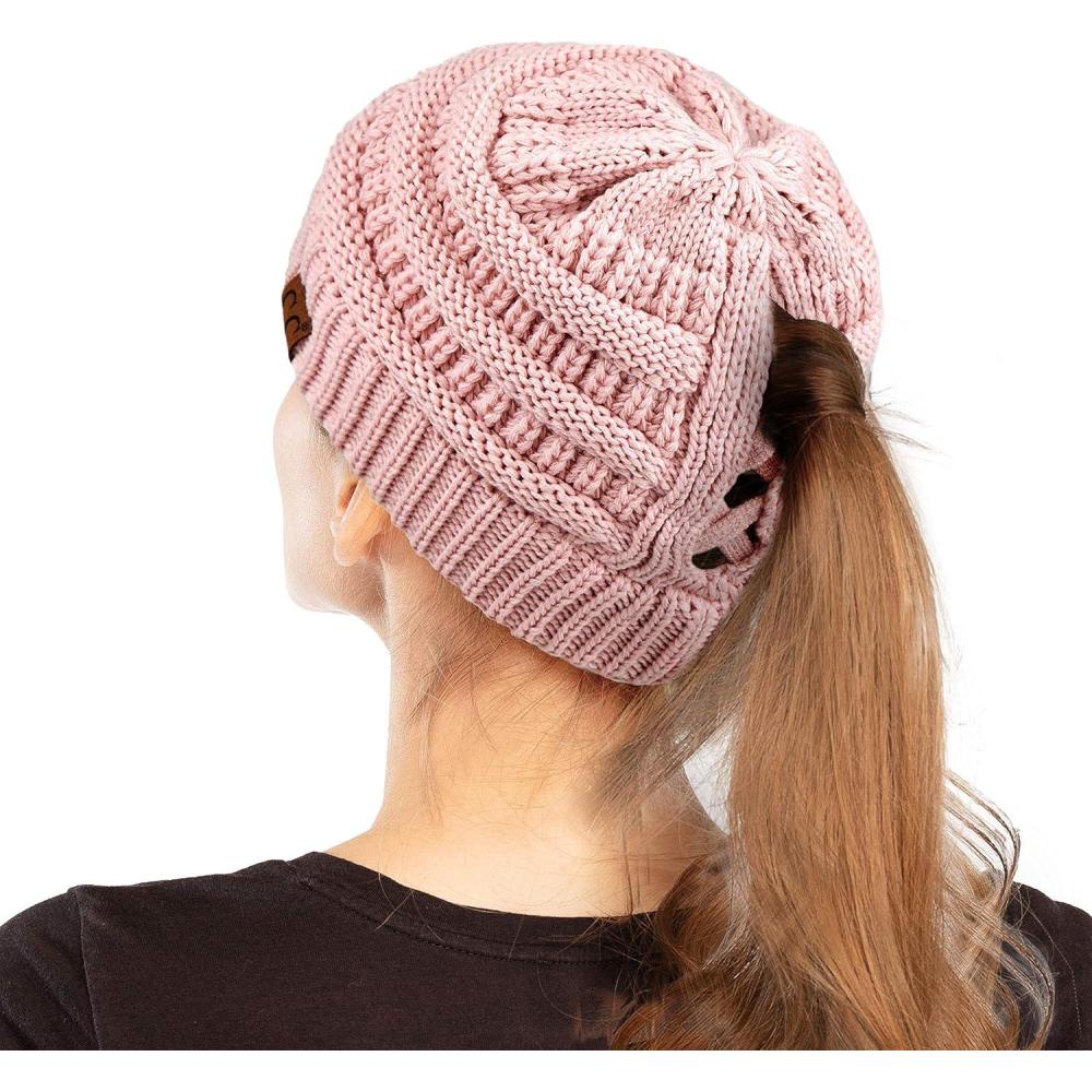 imageCC Exclusives Soft Stretch Cable Knit Messy Bun Ponytail Beanie Winter Hat for Women MB20A0 Crisscross Rose