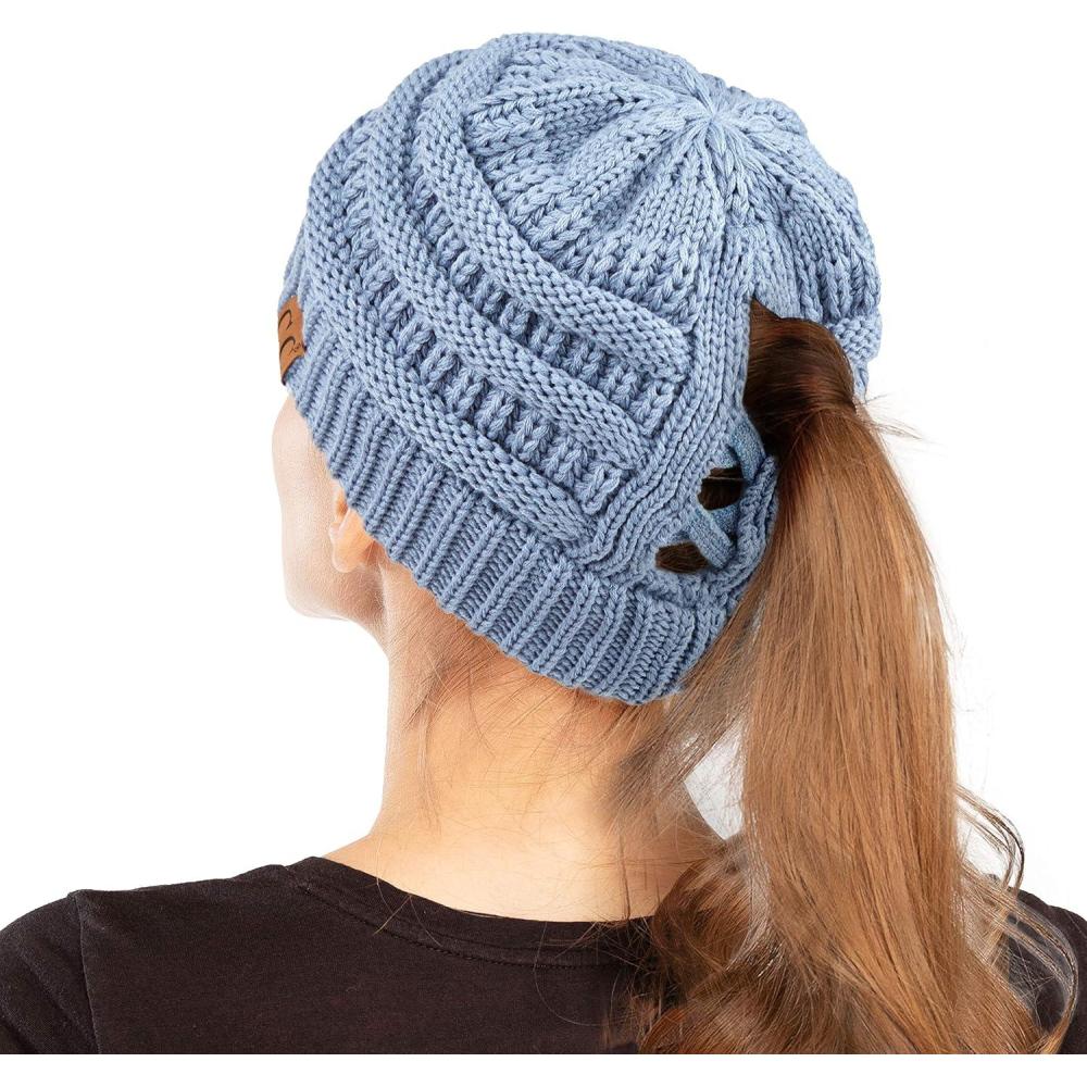 imageCC Exclusives Soft Stretch Cable Knit Messy Bun Ponytail Beanie Winter Hat for Women MB20A0 Crisscross Steel Blue