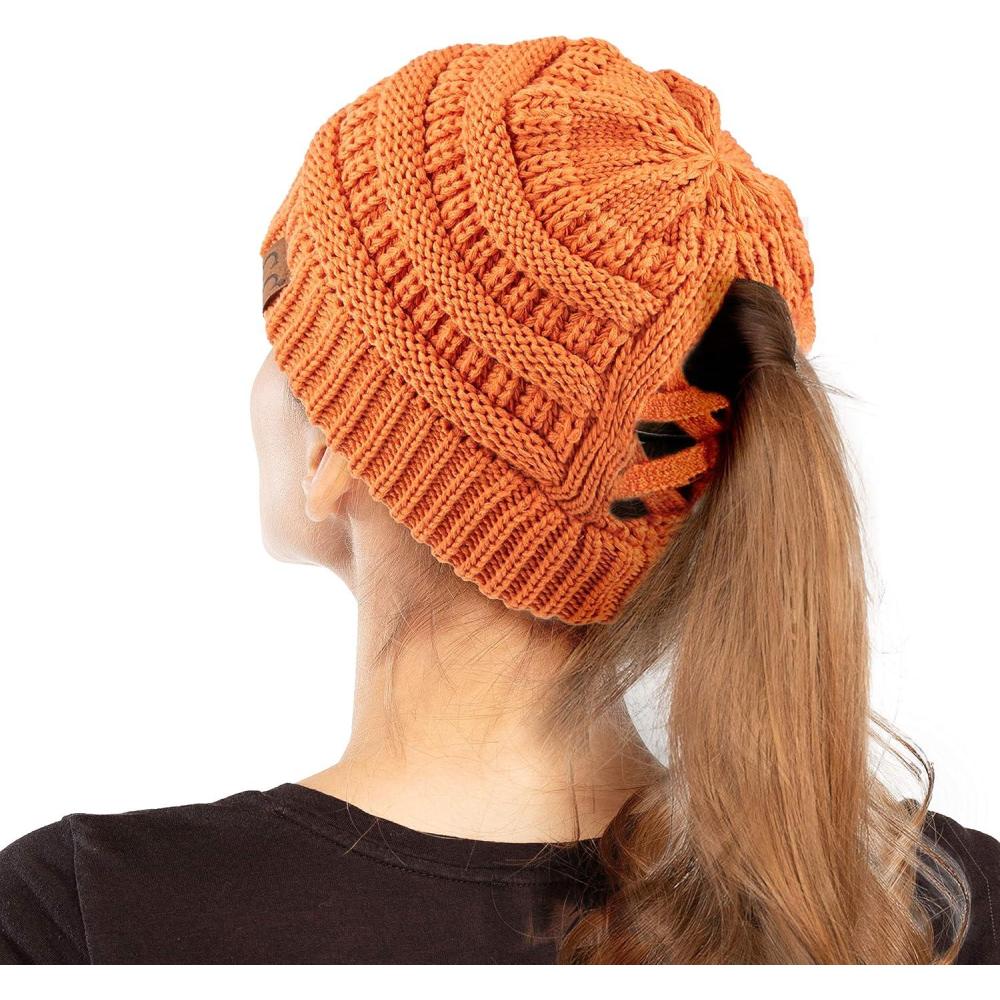 imageCC Exclusives Soft Stretch Cable Knit Messy Bun Ponytail Beanie Winter Hat for Women MB20A0 Crisscross Toffee