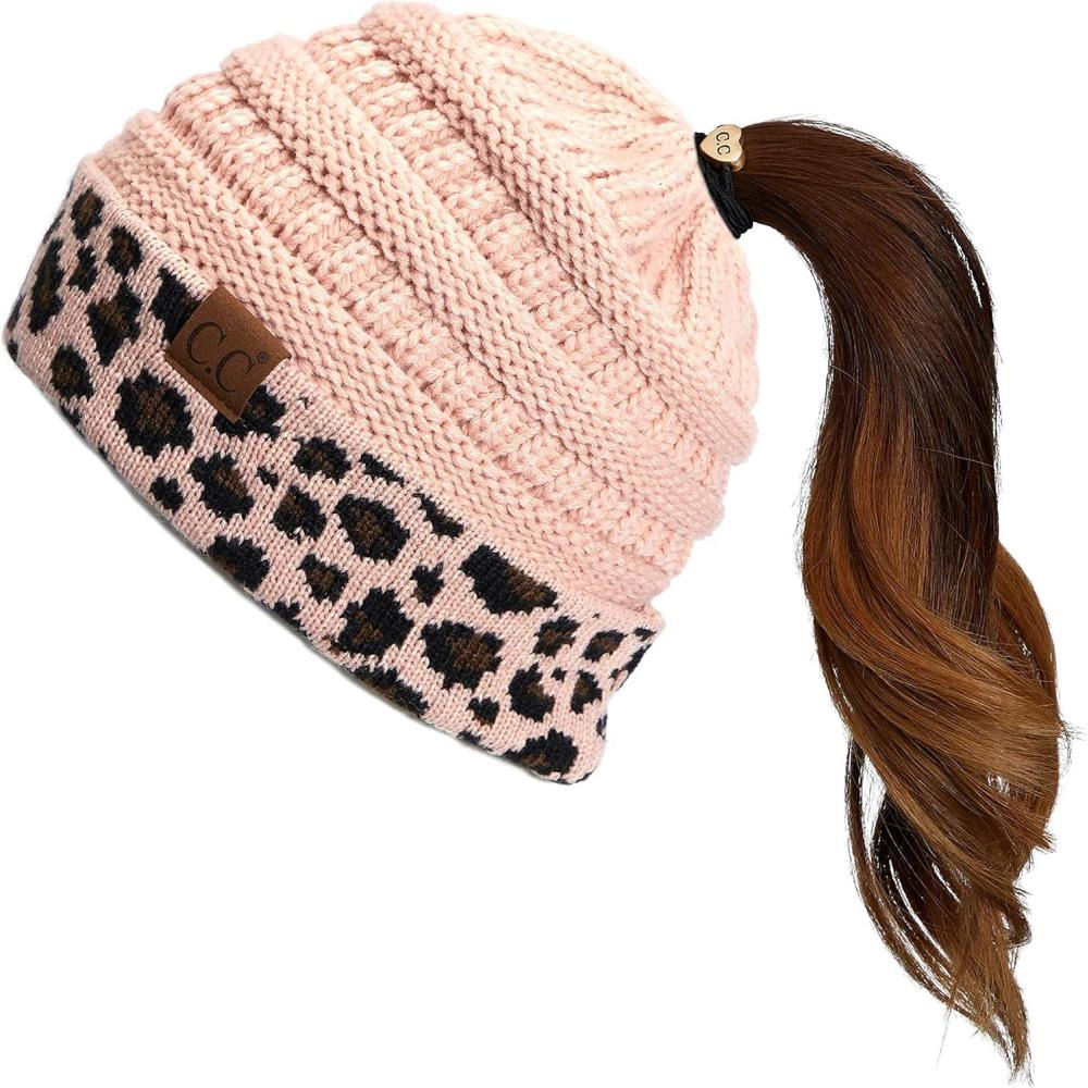 imageCC Exclusives Soft Stretch Cable Knit Messy Bun Ponytail Beanie Winter Hat for Women MB20A1 Leopard Indi Pink