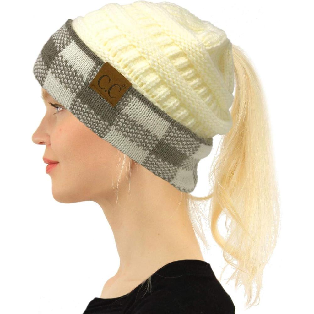 imageCC Exclusives Soft Stretch Cable Knit Messy Bun Ponytail Beanie Winter Hat for Women MB20ABuffalo Plaid WhiteLt Melange Gray