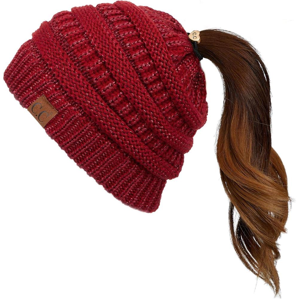imageCC Exclusives Soft Stretch Cable Knit Messy Bun Ponytail Beanie Winter Hat for Women MB20ABurgundy Met