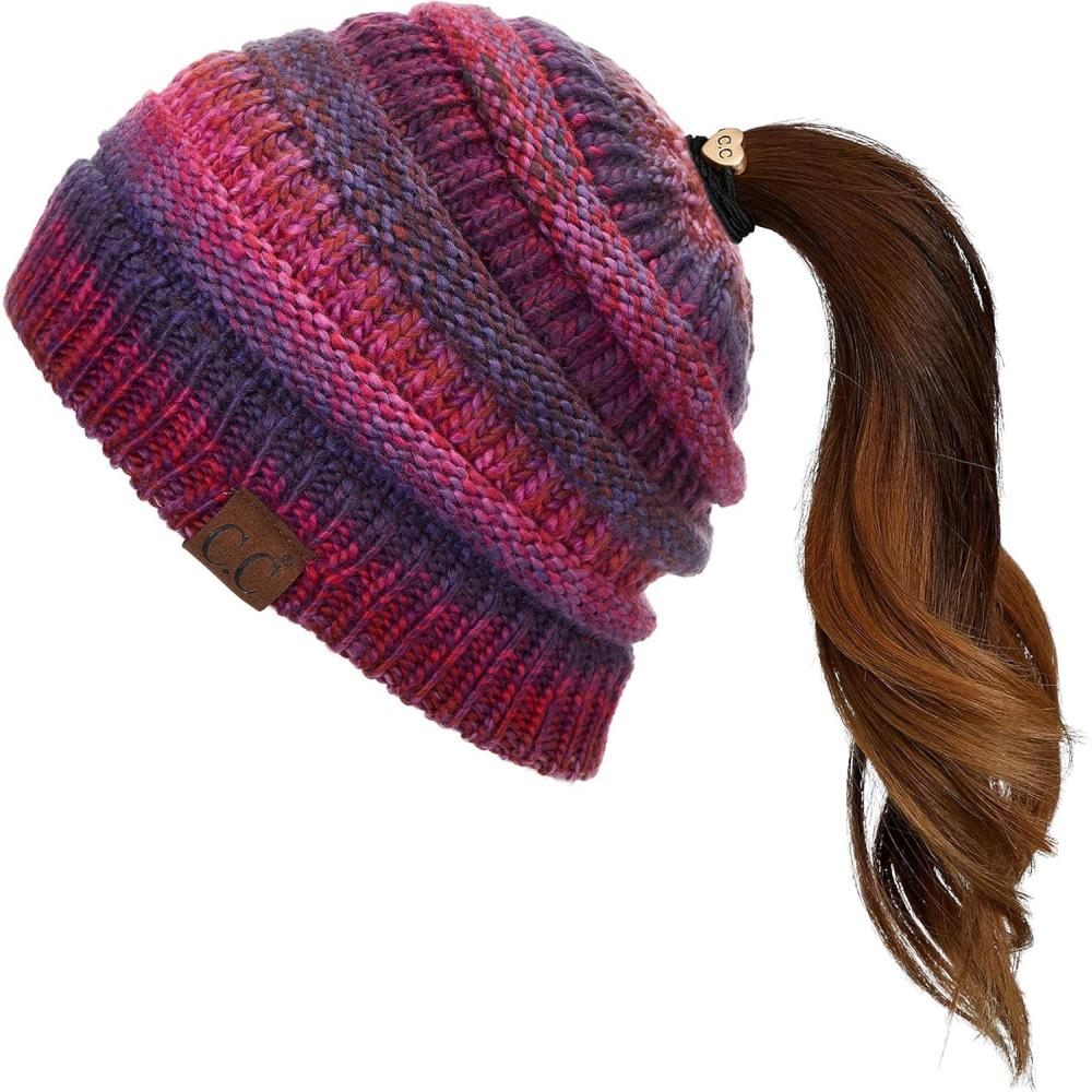 imageCC Exclusives Soft Stretch Cable Knit Messy Bun Ponytail Beanie Winter Hat for Women MB20ABurgundy Mix