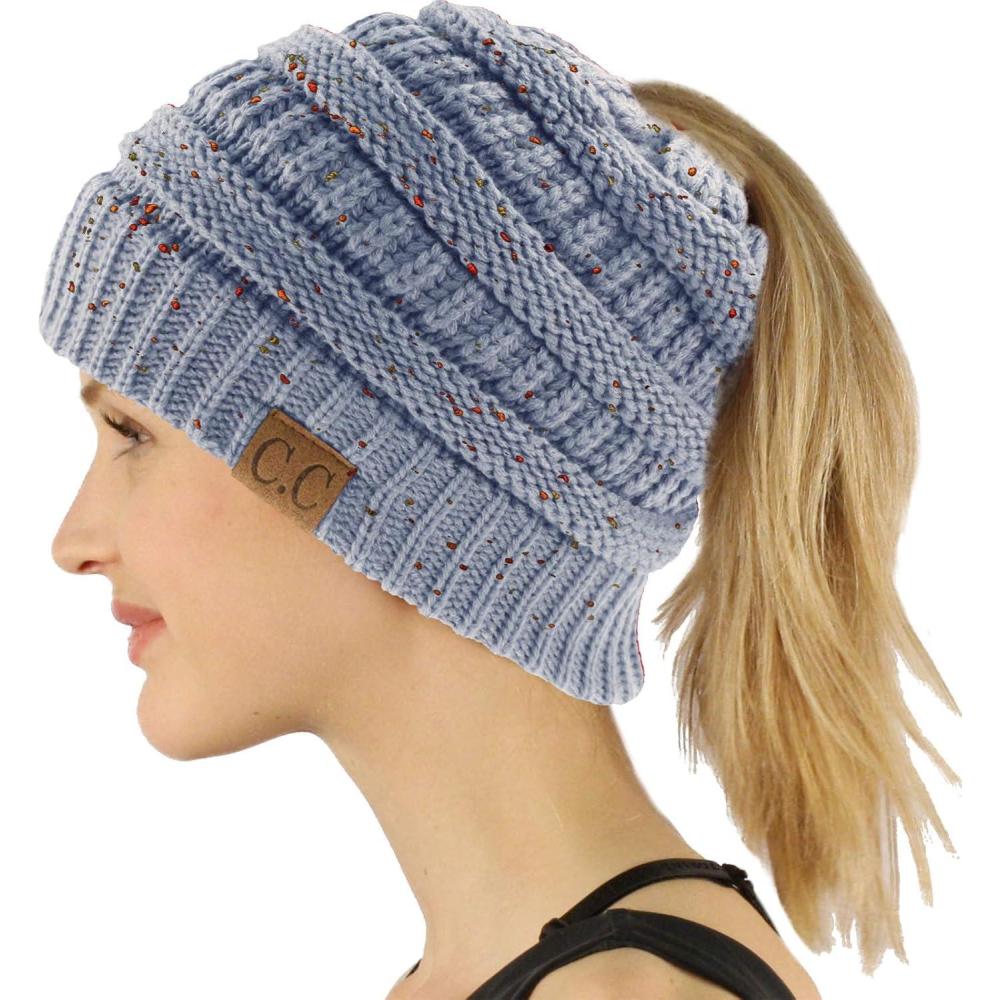 imageCC Exclusives Soft Stretch Cable Knit Messy Bun Ponytail Beanie Winter Hat for Women MB20AConfetti Denim