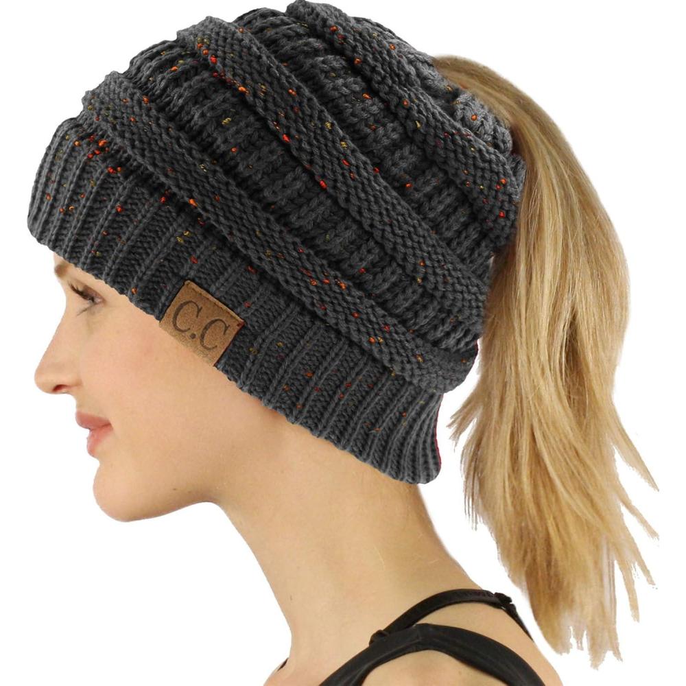 imageCC Exclusives Soft Stretch Cable Knit Messy Bun Ponytail Beanie Winter Hat for Women MB20AConfetti Dk Melange Gray