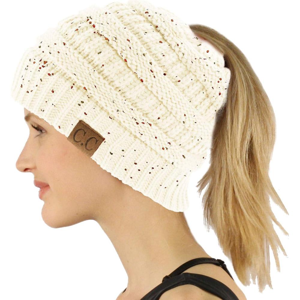 imageCC Exclusives Soft Stretch Cable Knit Messy Bun Ponytail Beanie Winter Hat for Women MB20AConfetti Ivory