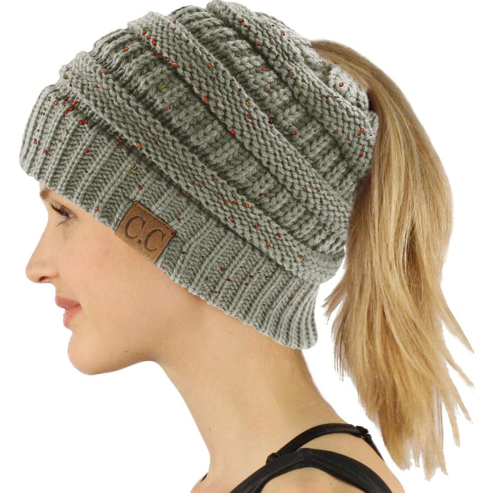 imageCC Exclusives Soft Stretch Cable Knit Messy Bun Ponytail Beanie Winter Hat for Women MB20AConfetti Natural Gray