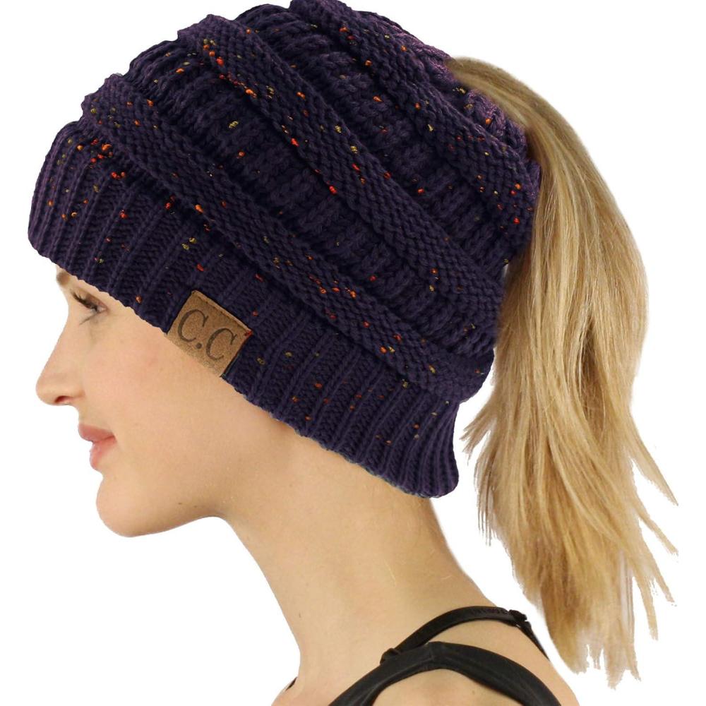 imageCC Exclusives Soft Stretch Cable Knit Messy Bun Ponytail Beanie Winter Hat for Women MB20AConfetti Navy