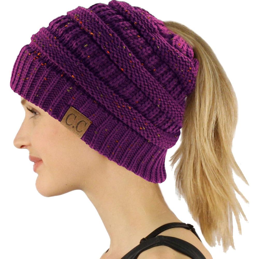 imageCC Exclusives Soft Stretch Cable Knit Messy Bun Ponytail Beanie Winter Hat for Women MB20AConfetti Purple