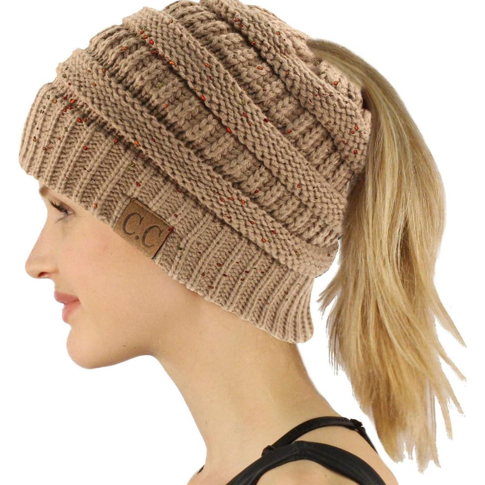 imageCC Exclusives Soft Stretch Cable Knit Messy Bun Ponytail Beanie Winter Hat for Women MB20AConfetti Taupe