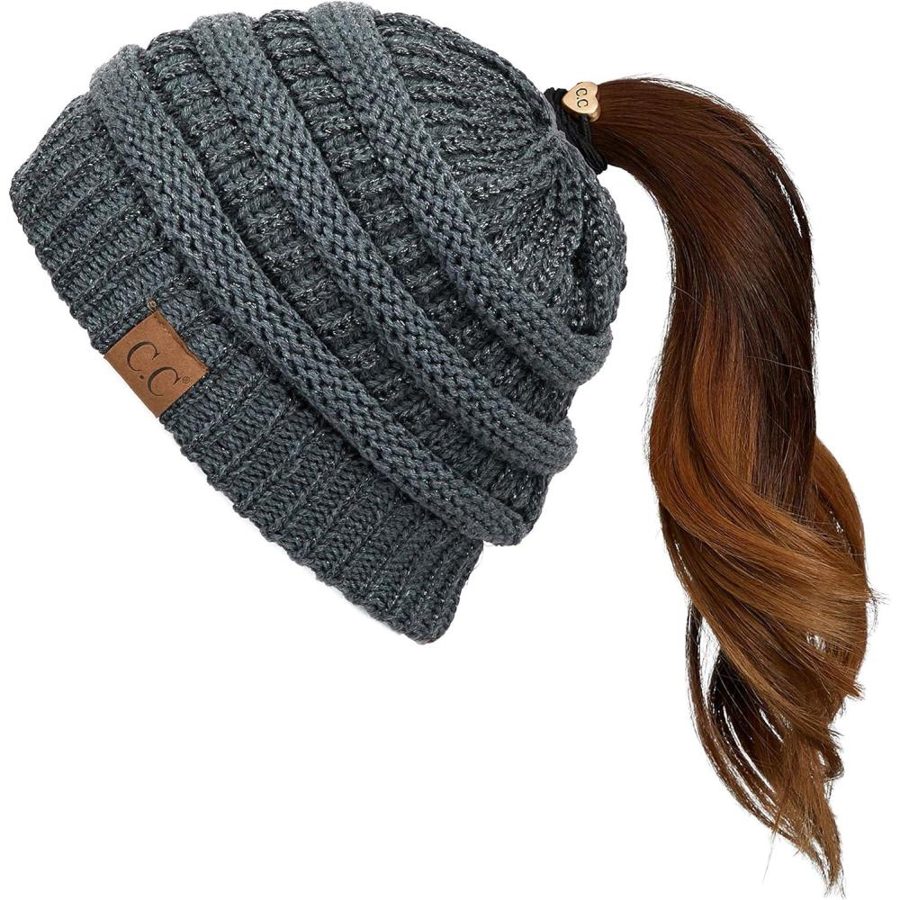 imageCC Exclusives Soft Stretch Cable Knit Messy Bun Ponytail Beanie Winter Hat for Women MB20ADark Melange Grey Metallic