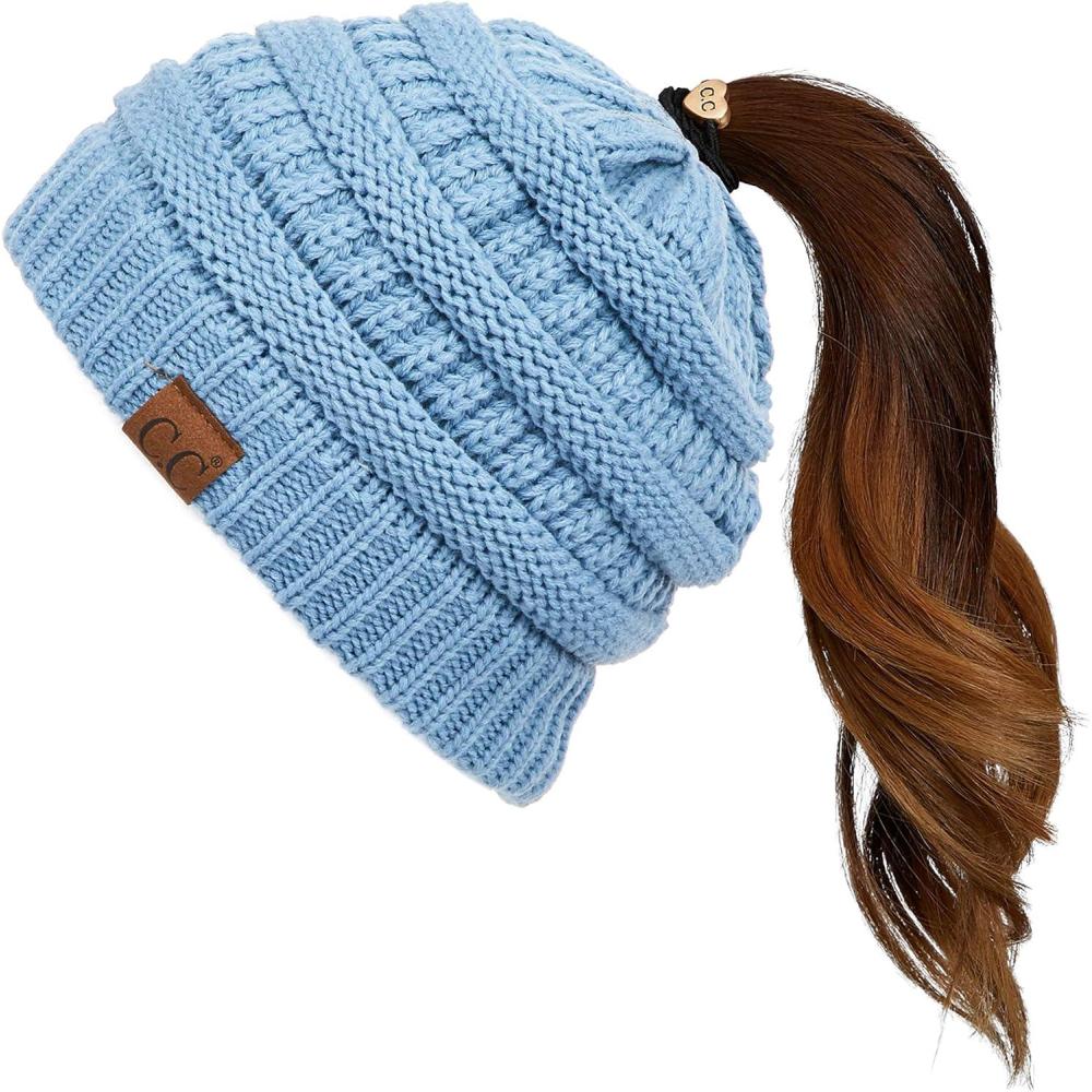 imageCC Exclusives Soft Stretch Cable Knit Messy Bun Ponytail Beanie Winter Hat for Women MB20ADenim