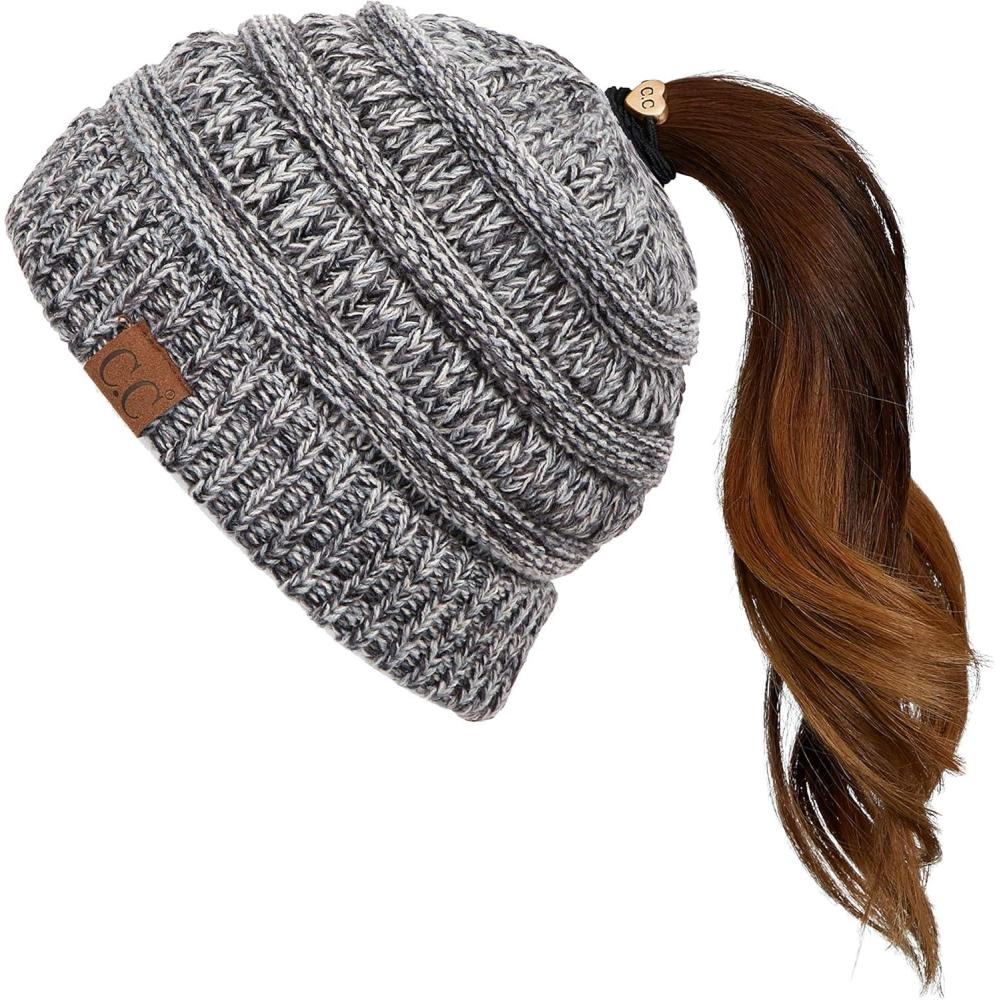imageCC Exclusives Soft Stretch Cable Knit Messy Bun Ponytail Beanie Winter Hat for Women MB20AGrey Multi31