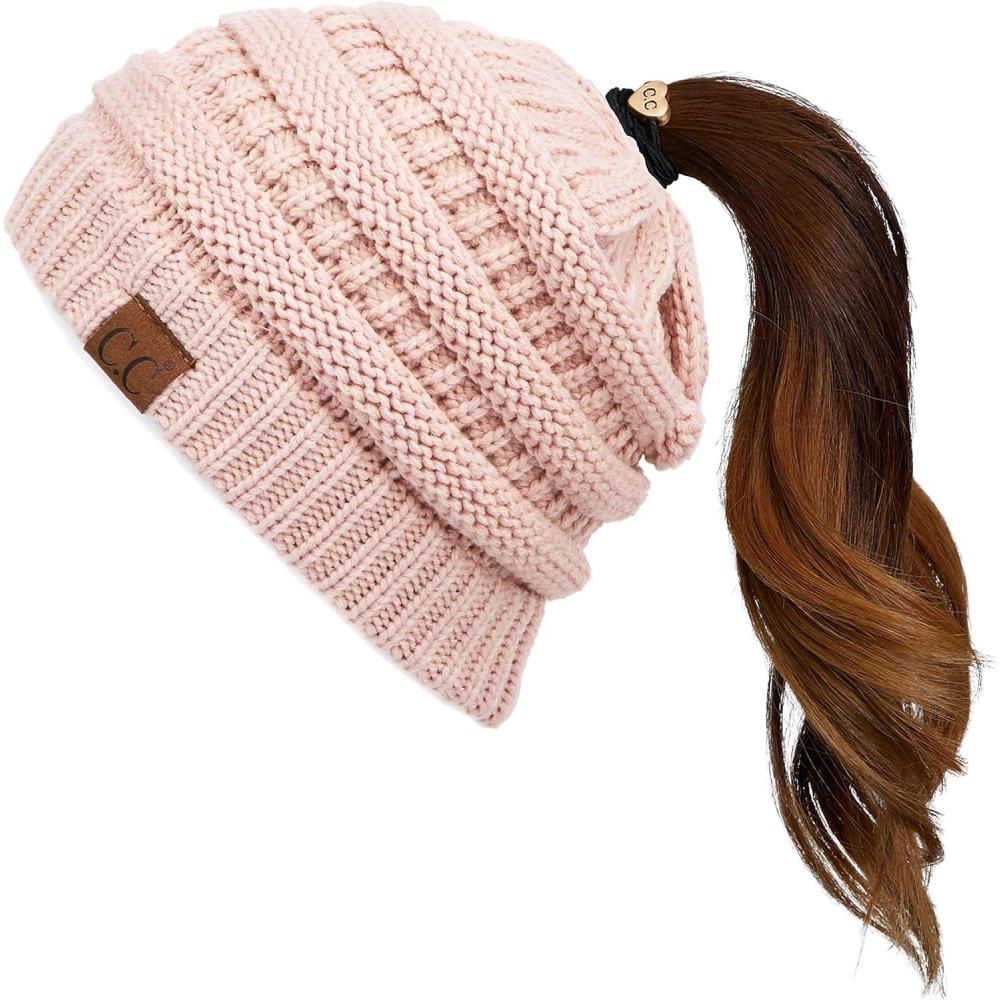 imageCC Exclusives Soft Stretch Cable Knit Messy Bun Ponytail Beanie Winter Hat for Women MB20AIndi Pink