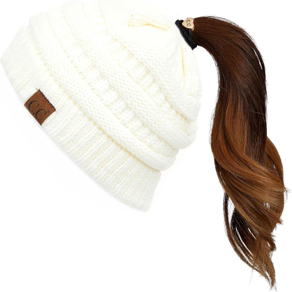 imageCC Exclusives Soft Stretch Cable Knit Messy Bun Ponytail Beanie Winter Hat for Women MB20AIvory
