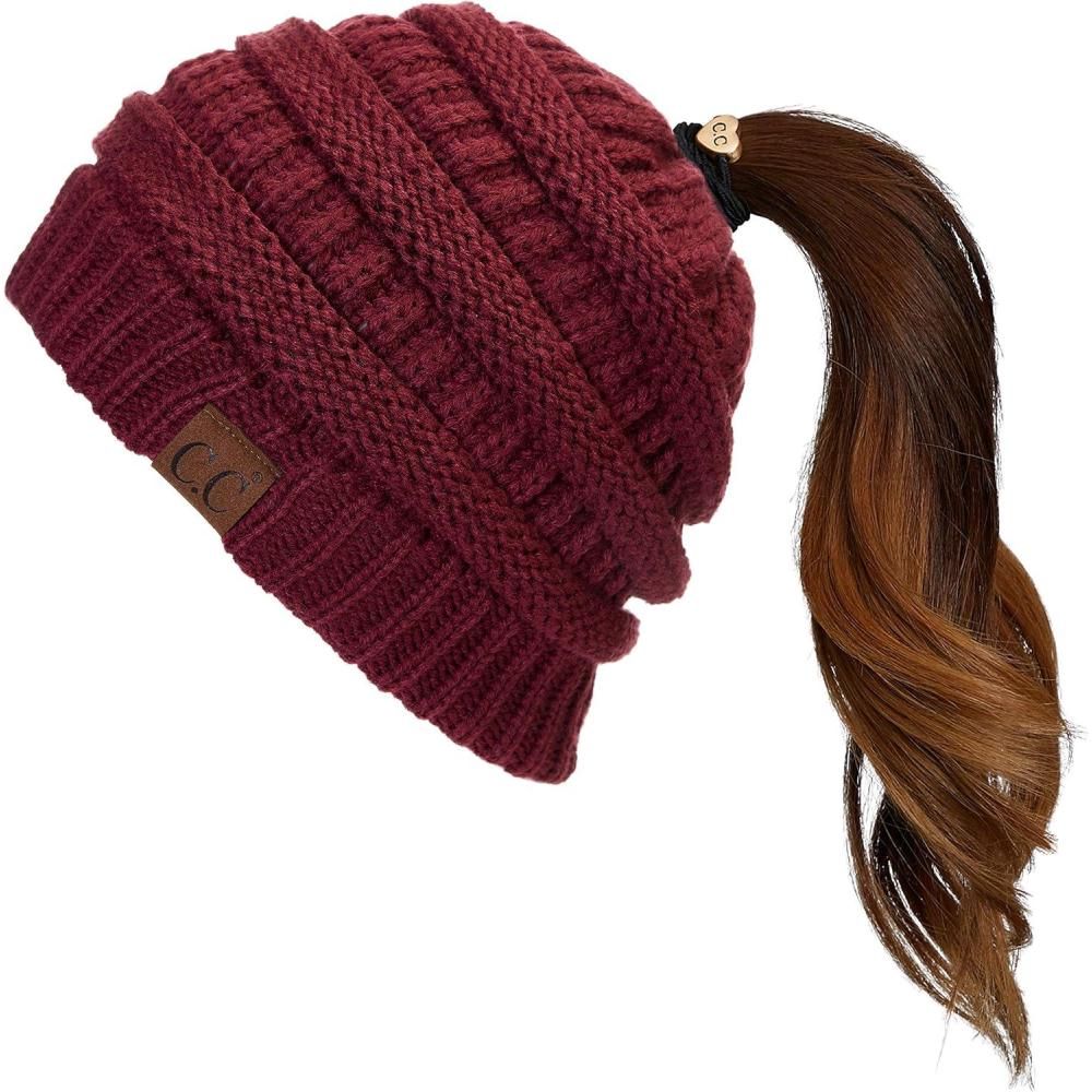 imageCC Exclusives Soft Stretch Cable Knit Messy Bun Ponytail Beanie Winter Hat for Women MB20AMaroon